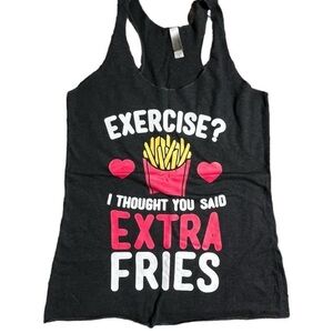 Funny black and pink exercise tank top with "I thought you said extra fries"